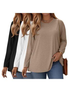 Plus Size Long Sleeve Crewneck Tops Soft Stretch Layering Tees